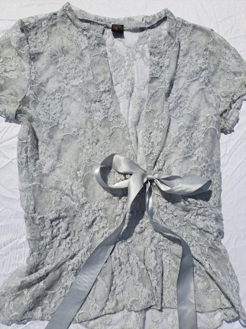 Y2K Sheer Lace Gray Blue Top Satin Ribbon Tie Floral Short Sleeves Romantic Med - Picture 8 of 11